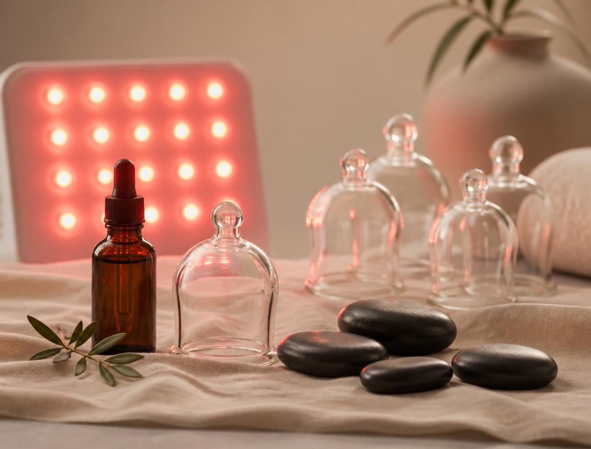 Red light panel, cupping glasses and basalt stones arranged on linen