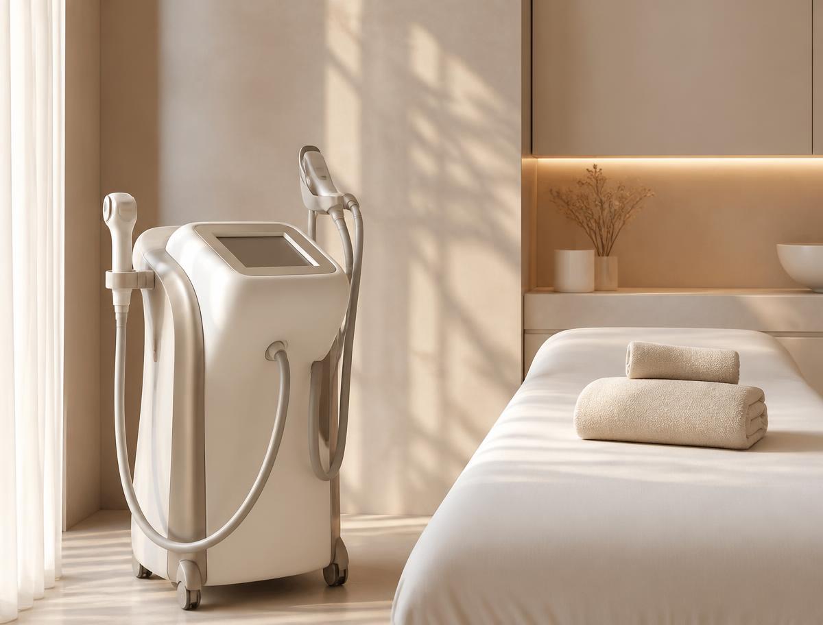 Body contouring device beside a made treatment bed in a cream studio