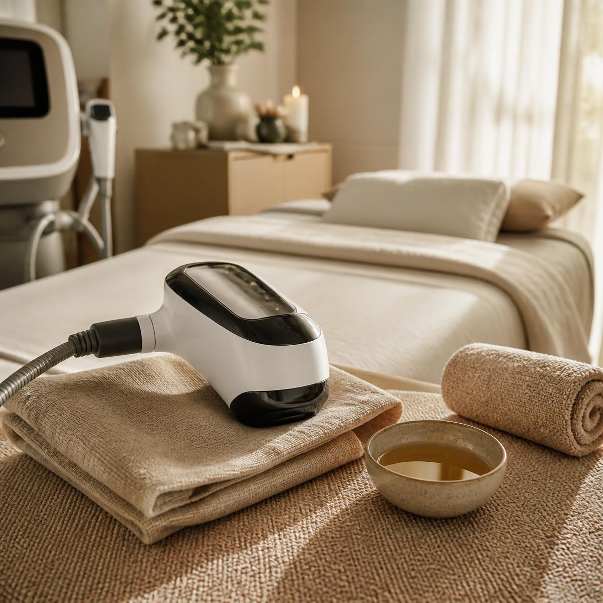Body contouring handpiece on folded towels beside a made treatment bed in a warm wellness studio