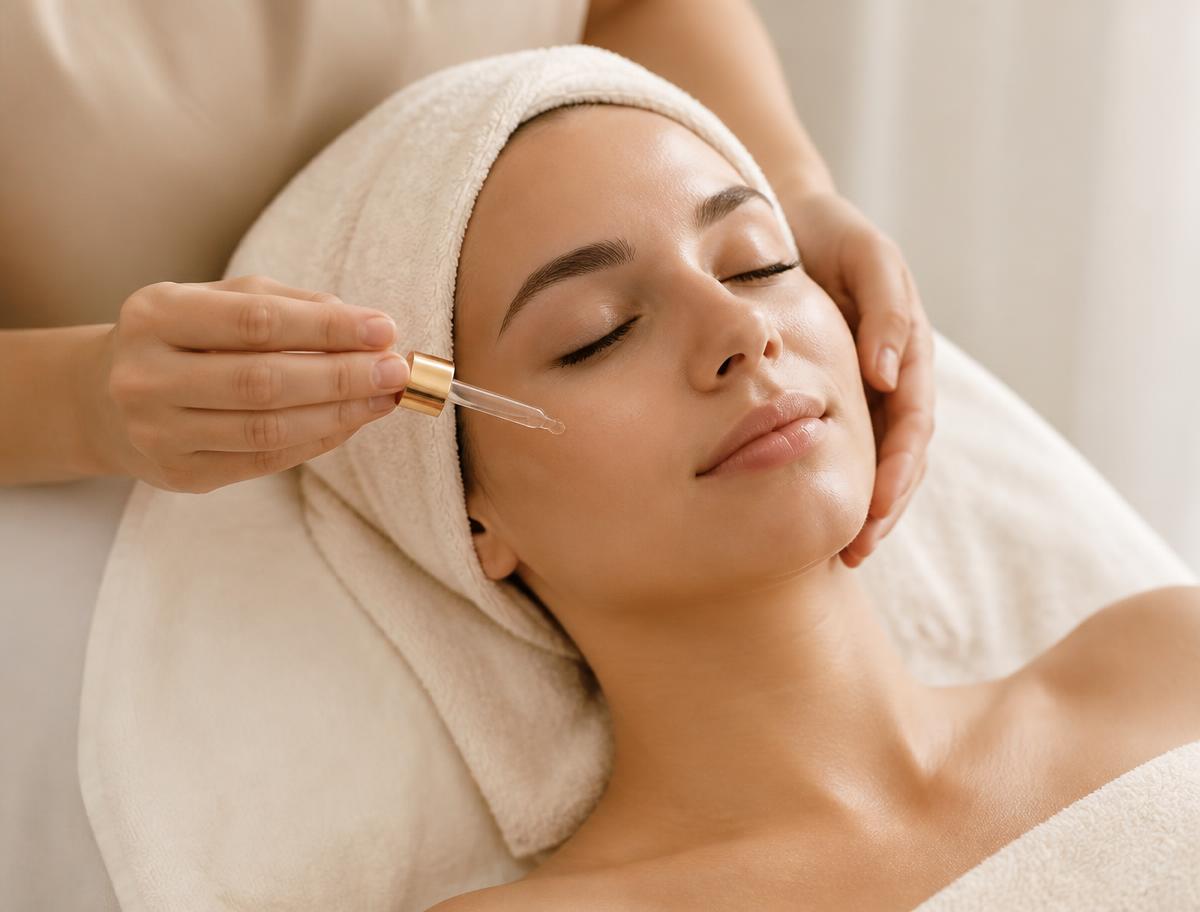 Facial treatment with serum being applied to relaxed skin