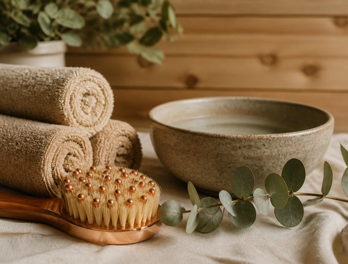 Spa towels, dry brush, ceramic bowl and eucalyptus on linen