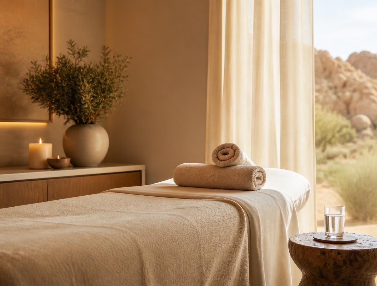Quiet recovery room with a made spa bed and desert light