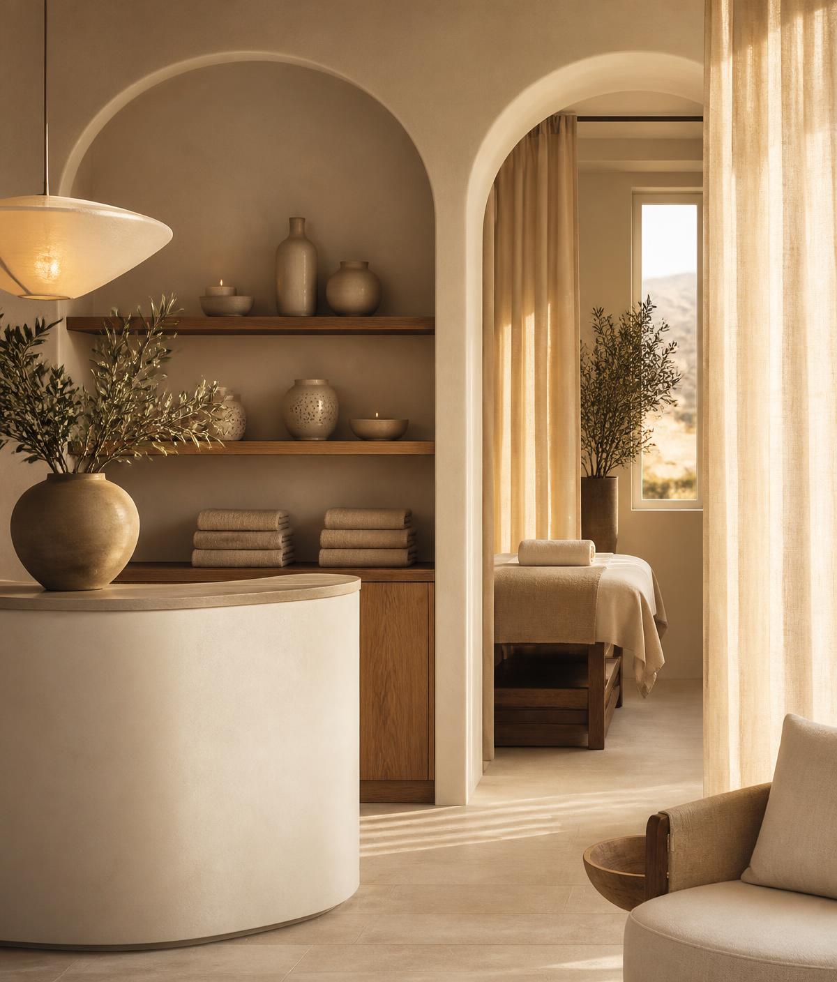 Interior of a calm, arched Palm Desert wellness studio with folded towels and warm light
