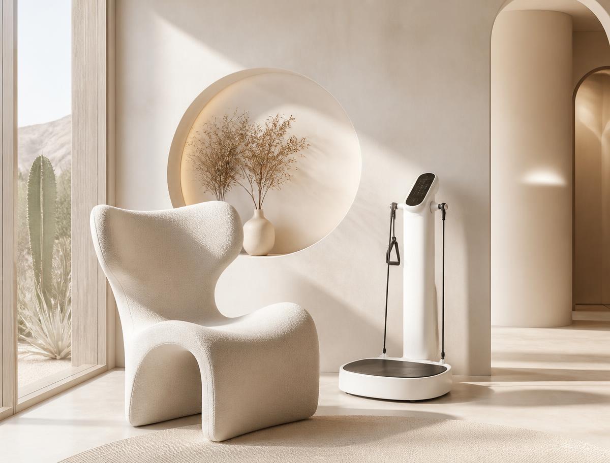 Minimal wellness studio corner with a sculptural chair and toning device